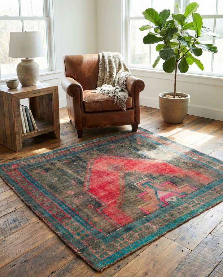 4' 4 x 4' 4 Hand Knotted Ultra Vintage Persian Wool Square Rug
