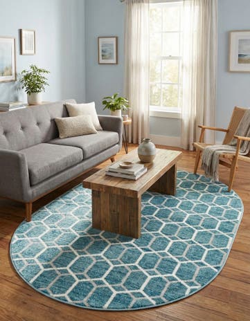 Blue Lattice Trellis Oval Rug