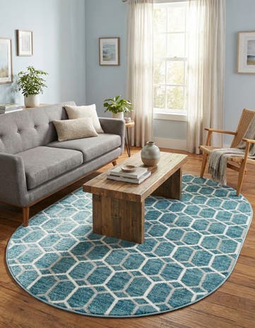 Blue Lattice Trellis Oval Rug