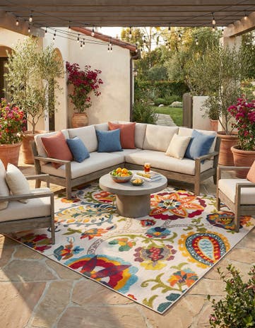 Multi Beige Easy-Clean Casablanca Indoor / Outdoor Square Rug