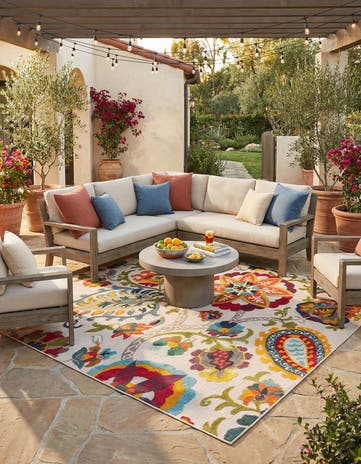 Multi Beige Easy-Clean Casablanca Indoor / Outdoor Square Rug