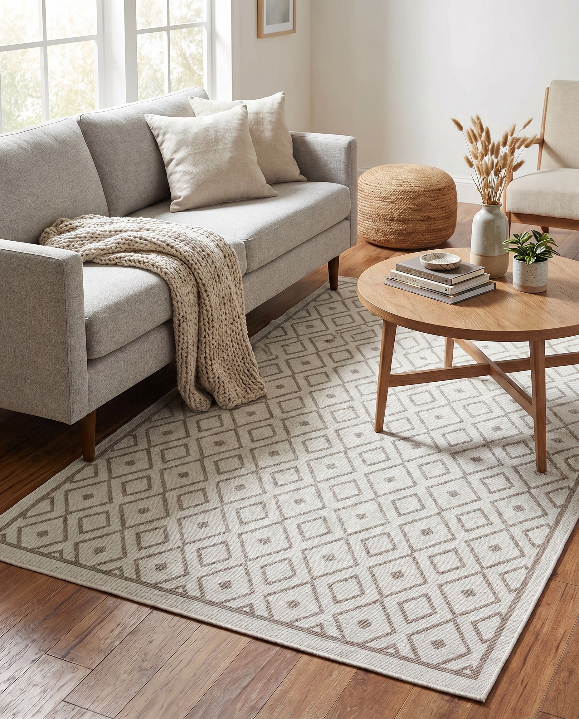 Ivory Easy-Clean Lattice Indoor / Outdoor Rug