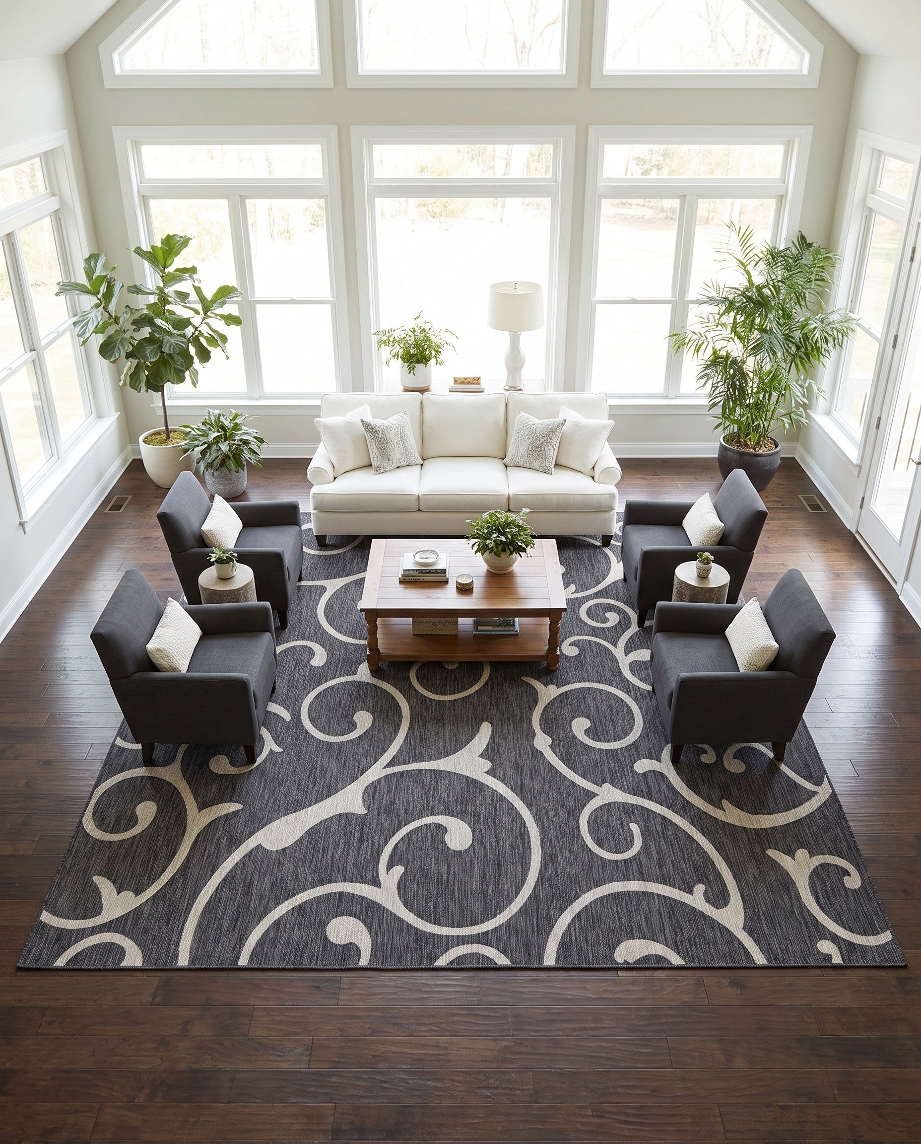 Charcoal Gray Easy-Clean Botanical Indoor / Outdoor Square Rug