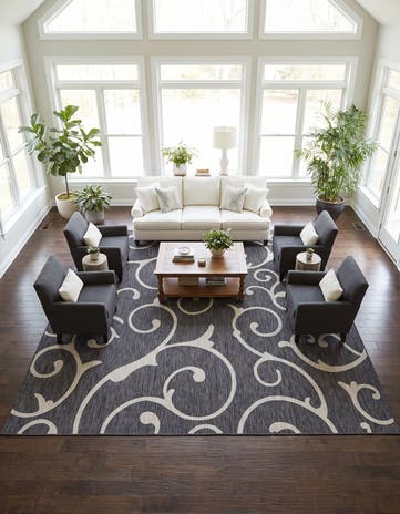 Charcoal Gray Easy-Clean Botanical Indoor / Outdoor Square Rug