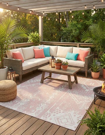 Pink Easy-Clean Bohemian Indoor / Outdoor Square Rug