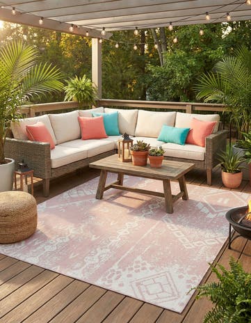 Pink Easy-Clean Bohemian Indoor / Outdoor Square Rug