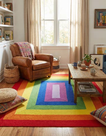 7' 10 x 10' Handmade Hand Braided Rainbow Wool Rug