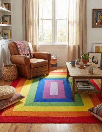 7' 10 x 10' Handmade Hand Braided Rainbow Wool Rug