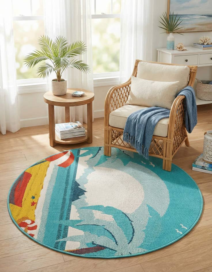 Detail image of 4' x 4'  Washable Coastal Indoor / Outdoor Round Rug