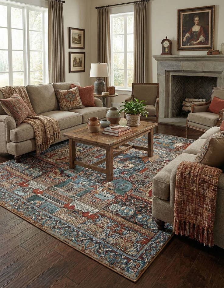 Detail image of 7' 10 x 7' 10  Washable Traditional Indoor / Outdoor Square Rug