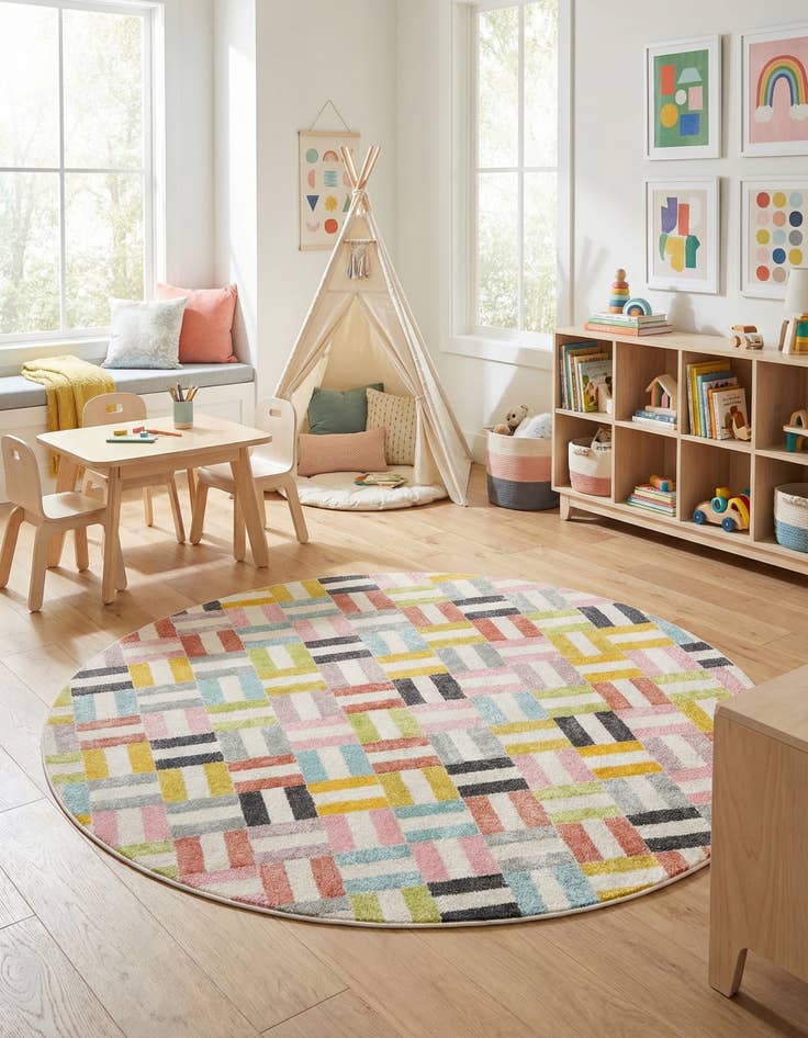 Detail image of 7' 10 x 7' 10 Checkered Whimsy Kids Round Rug