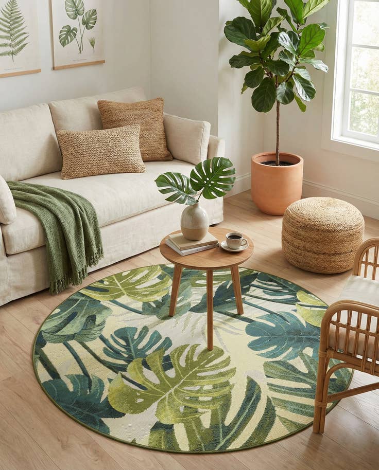 Detail image of 4' x 4' Easy-Clean Botanical Indoor / Outdoor Round Rug