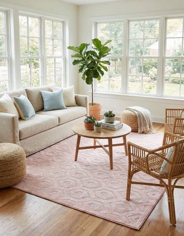 Pink Easy-Clean Trellis Textured Indoor / Outdoor Square Rug