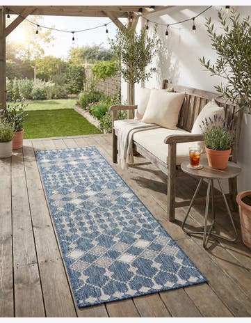 Blue Easy-Clean Lattice Indoor / Outdoor Runner Rug