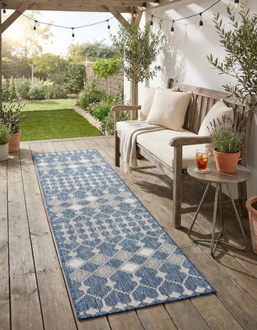 Blue Easy-Clean Lattice Indoor / Outdoor Runner Rug