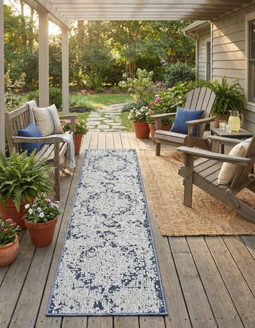 Navy Blue Easy-Clean Traditional Indoor / Outdoor Runner Rug