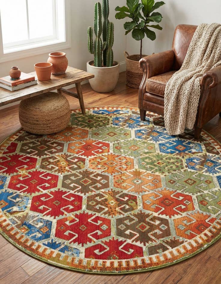Detail image of 7' 10 x 7' 10 Easy-Clean Southwestern Indoor / Outdoor Round Rug