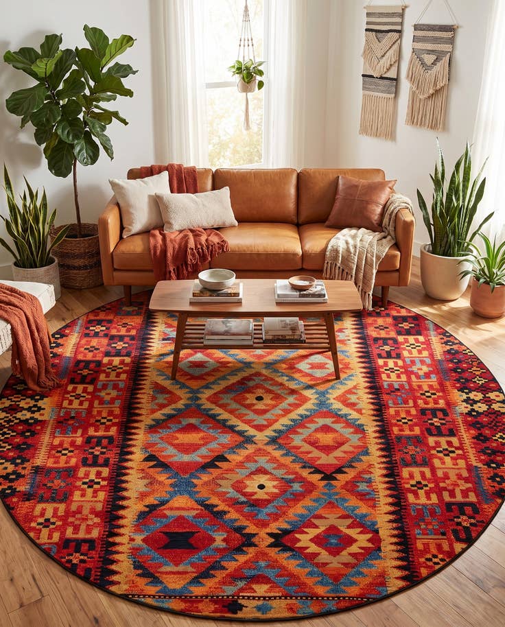 Detail image of 10' x 10' Easy-Clean Tribal Indoor / Outdoor Round Rug