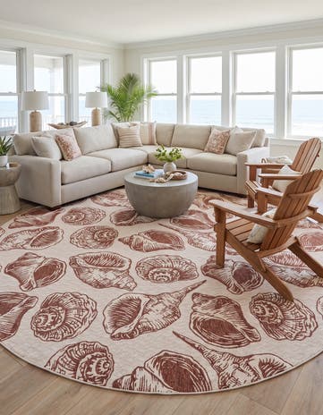 Ivory Rust Red Easy-Clean Coastal Indoor / Outdoor Round Rug