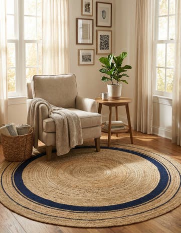 Natural and Navy Blue Handmade Braided Jute Round Rug