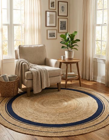 Natural and Navy Blue Handmade Braided Jute Round Rug