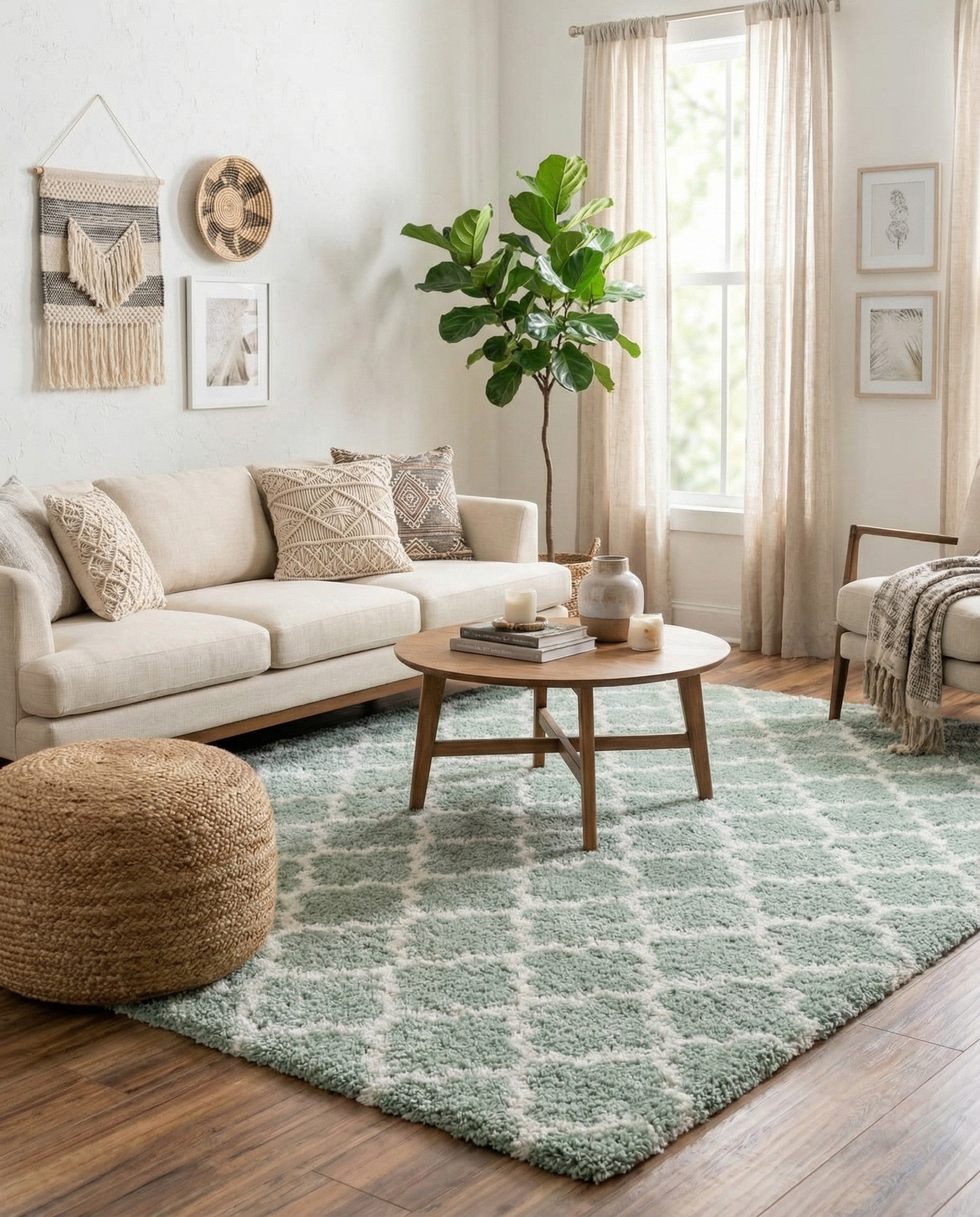 A 9x12 rectangular white and cyan modern Moroccan shag rug with a repeating quatrefoil pattern.