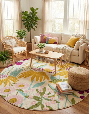 White Bloom Round Rug