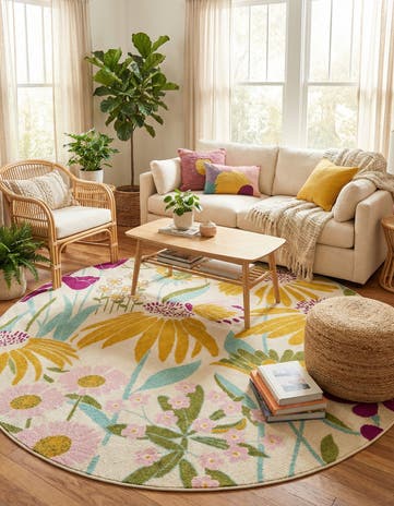 White Bloom Round Rug