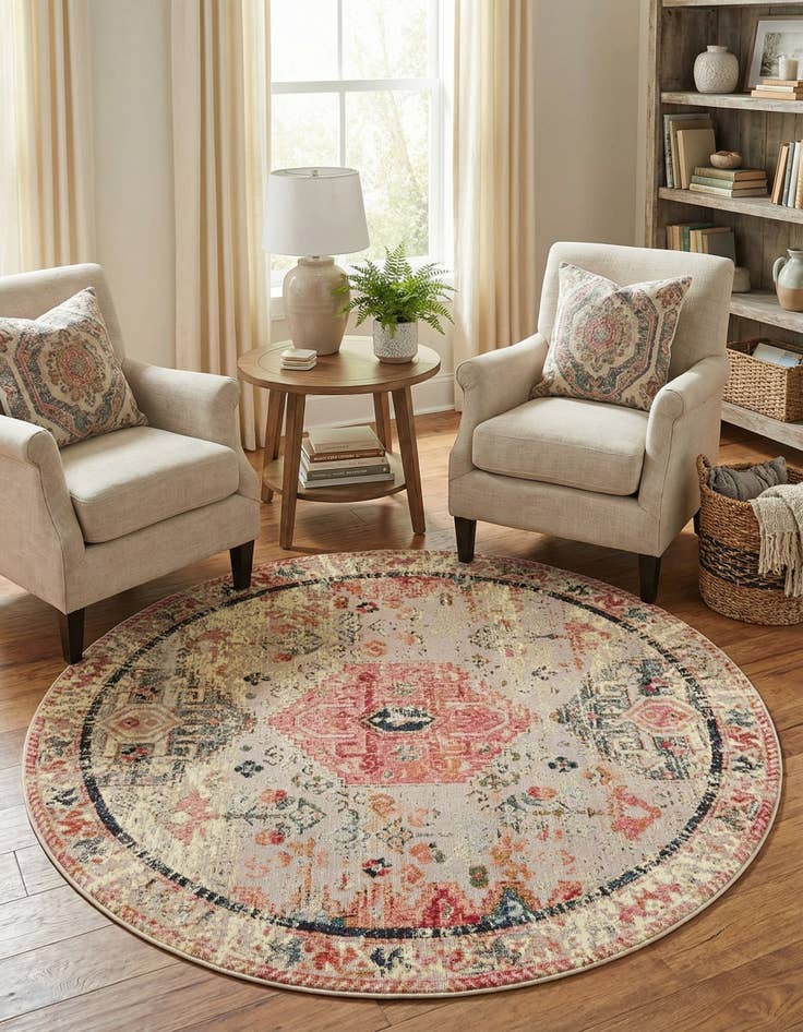 Detail image of 5' x 5'  Washable Traditional Indoor / Outdoor Round Rug