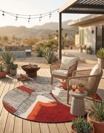Red and Black Easy-Clean Modern Indoor / Outdoor Round Rug