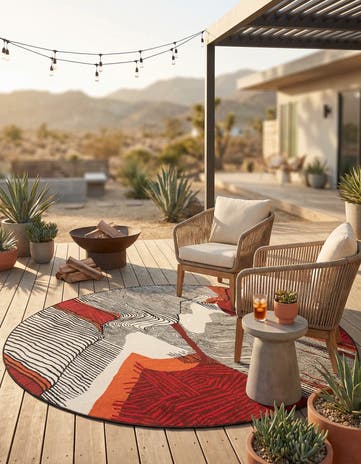 Red and Black Easy-Clean Modern Indoor / Outdoor Round Rug
