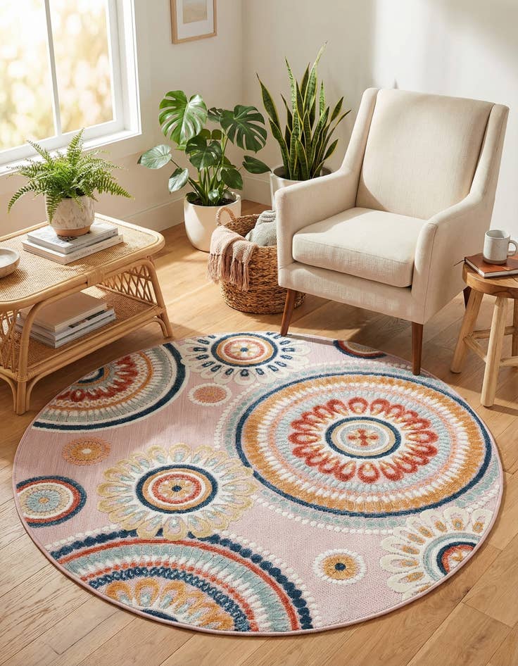 Detail image of  4' 5 x 4' 5  Washable Botanical Indoor / Outdoor Round Rug
