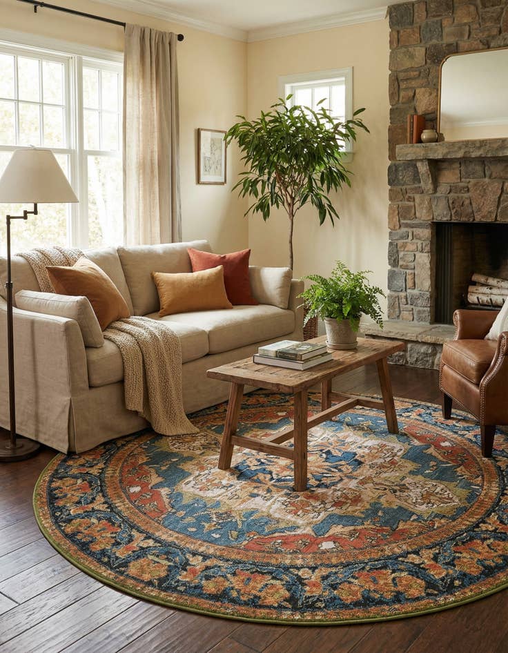 Detail image of  5' x 5'  Washable Traditional Indoor / Outdoor Round Rug