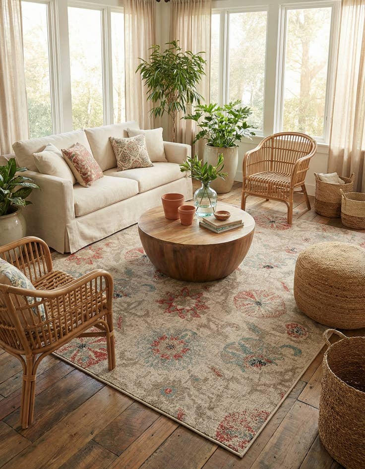 Detail image of  7' 10 x 7' 10  Washable Botanical Indoor / Outdoor Square Rug