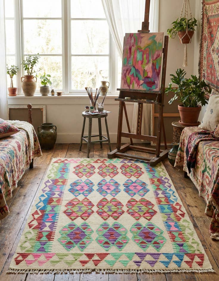 Detail image of 3' 2 x 4' 10  Hand Woven Kilim Maymana Wool Rug