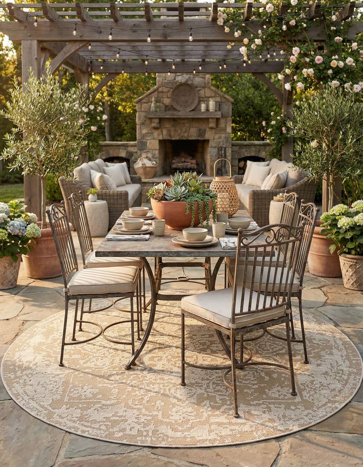 Detail image of 7' 10 x 7' 10  Washable Traditional Indoor / Outdoor Round Rug