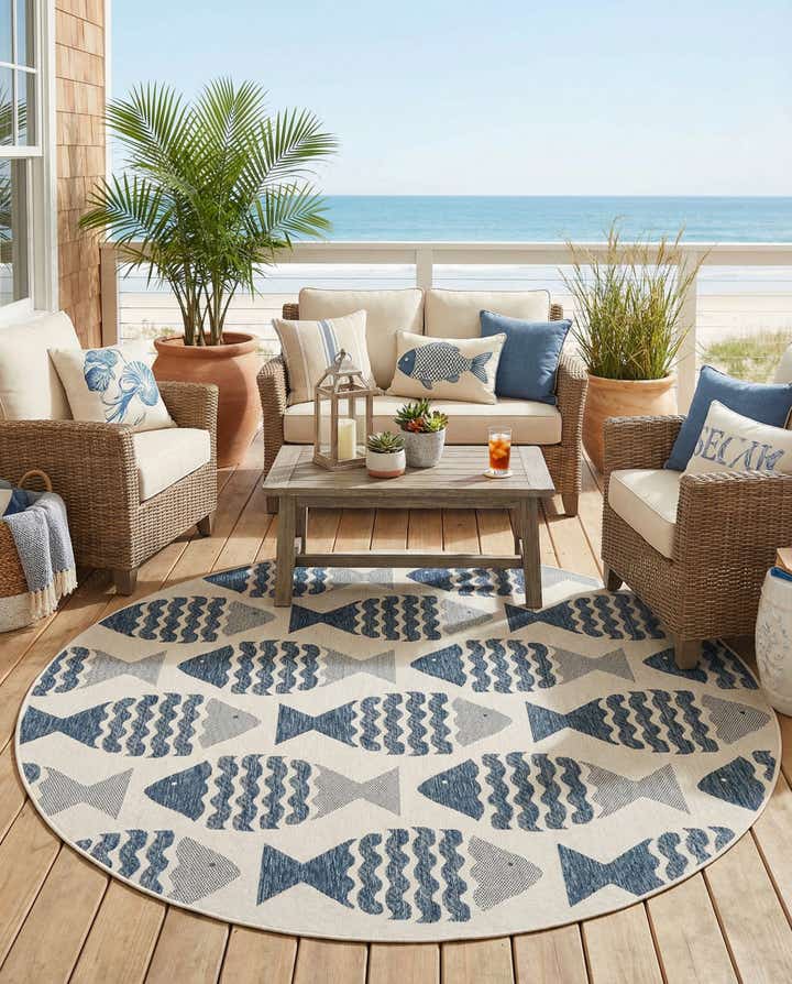 7' 10 x 7' 10 Easy-Clean Coastal Indoor / Outdoor Round Rug