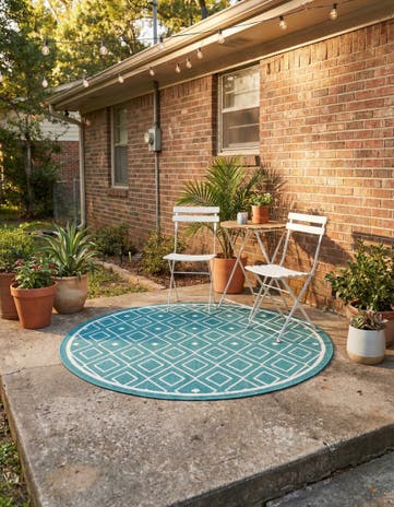 Teal Easy-Clean Trellis Indoor / Outdoor Round Rug