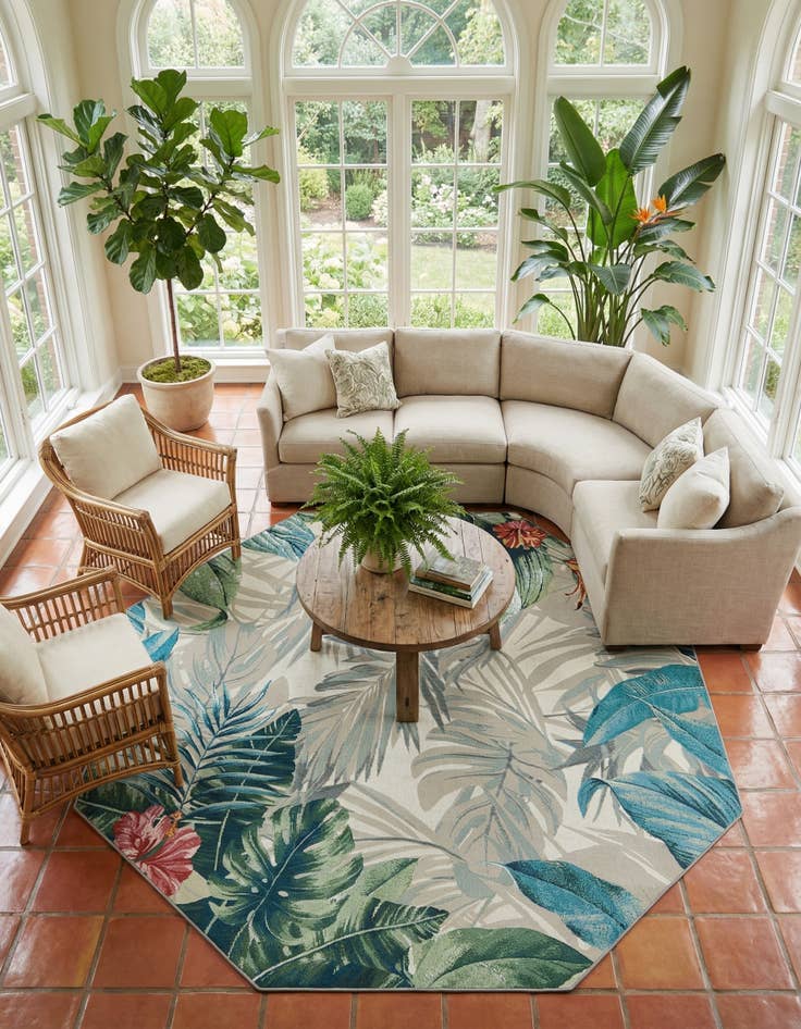 Detail image of 7' 10 x 7' 10  Washable Botanical Indoor / Outdoor Octagon Rug
