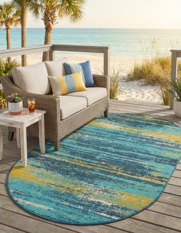 Multi.Blue Easy-Clean Coastal Indoor / Outdoor Oval Rug