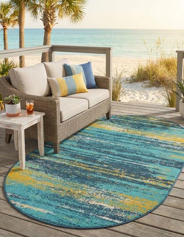 Multi.Blue Easy-Clean Coastal Indoor / Outdoor Oval Rug