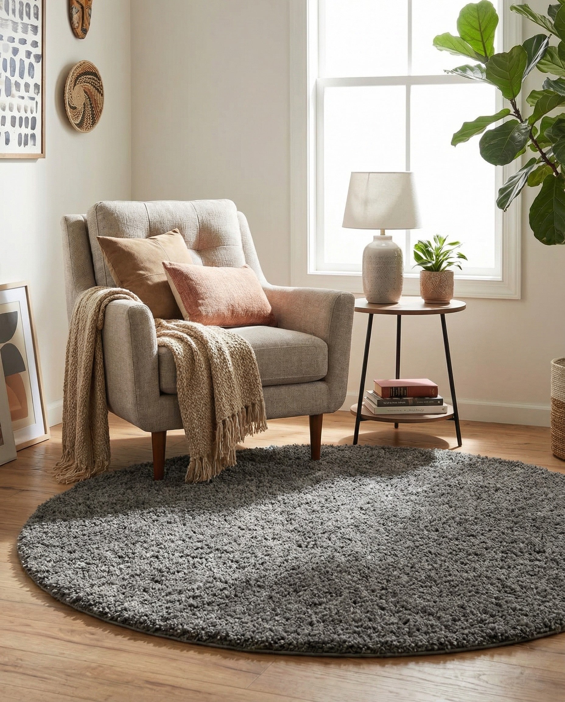 A soft, round 3' 3 x 3' 3 gray shag rug with a textured pile, perfect for adding comfort to any indoor space.