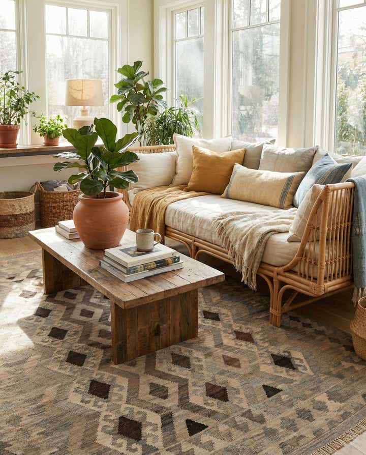 5' 3 x 6' 9 Hand Woven Kilim Maymana Wool Rug