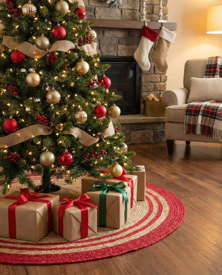 Detail image of 3' 1 x 3' 1 Hand Braided Christmas Tree Skirt