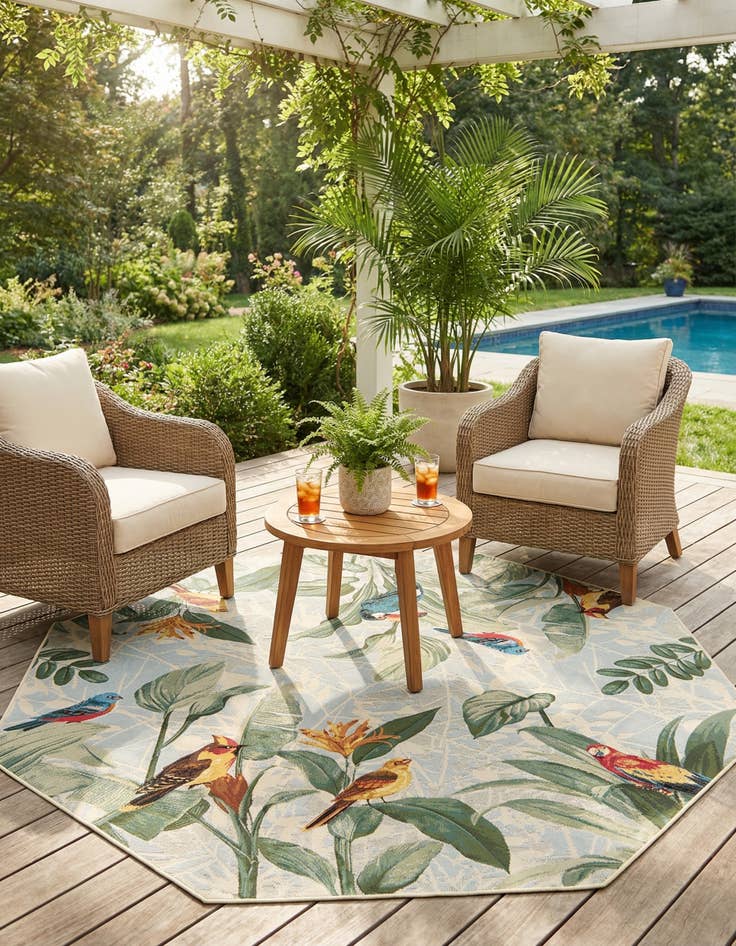 Detail image of 7' 10 x 7' 10  Washable Botanical Indoor / Outdoor Octagon Rug