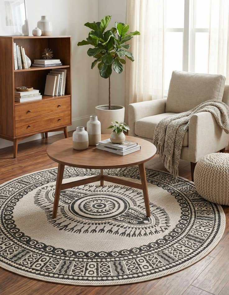 Detail image of 6' x 6' Easy-Clean Traditional Indoor / Outdoor Round Rug