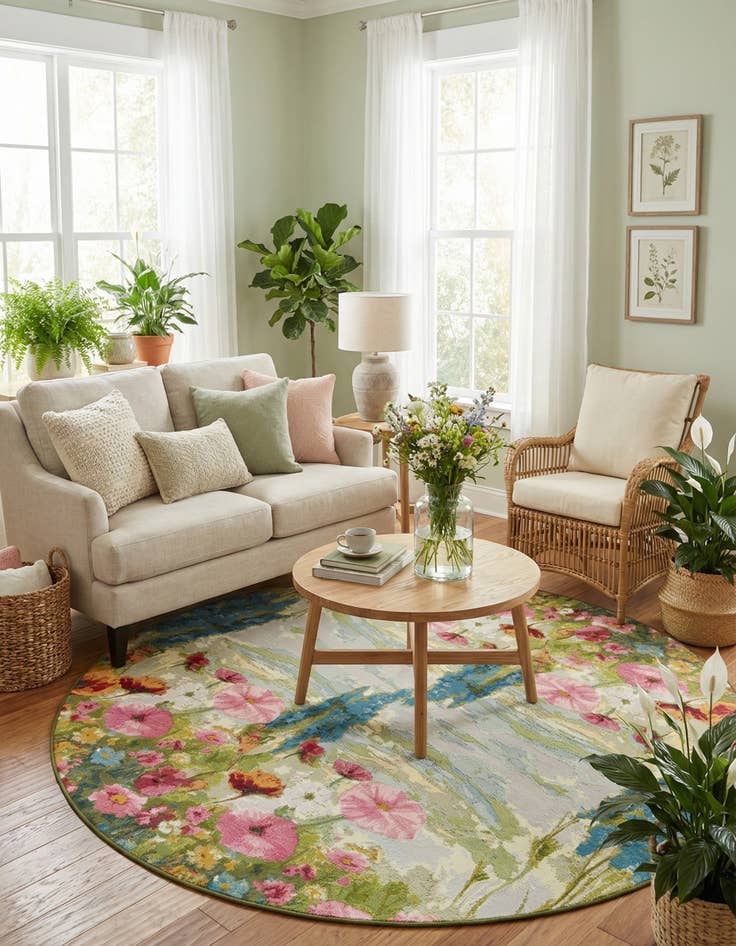 Detail image of  8' x 8'  Washable Botanical Indoor / Outdoor Round Rug