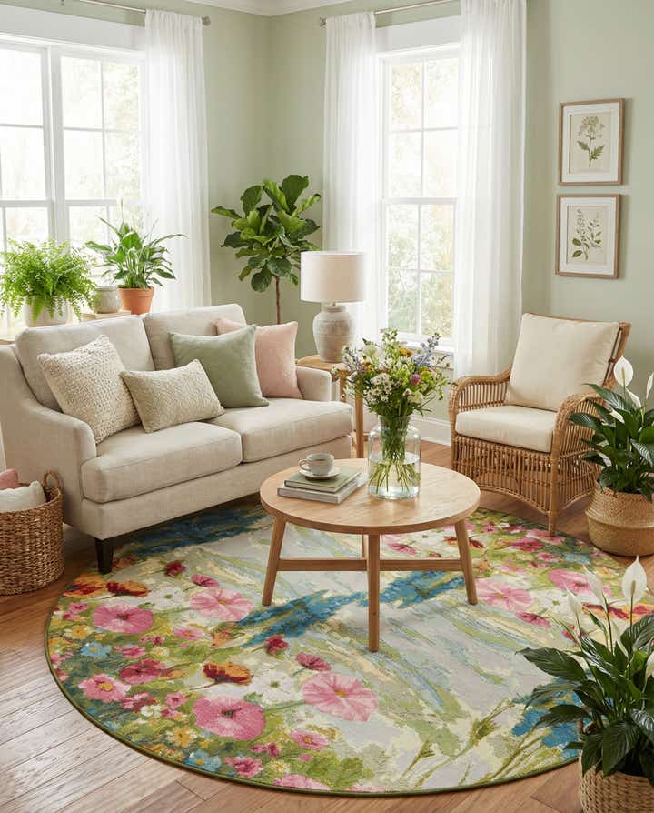 8' x 8' Easy-Clean Botanical Indoor / Outdoor Round Rug