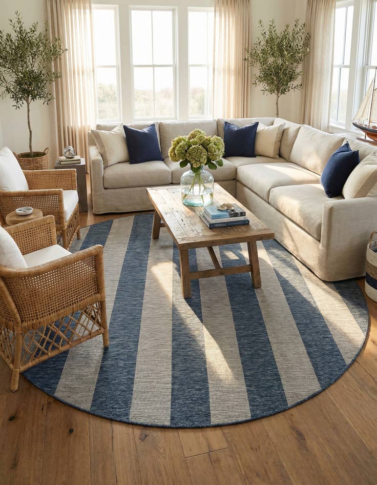 Detail image of 12' x 12'  Washable Striped Indoor / Outdoor Round Rug