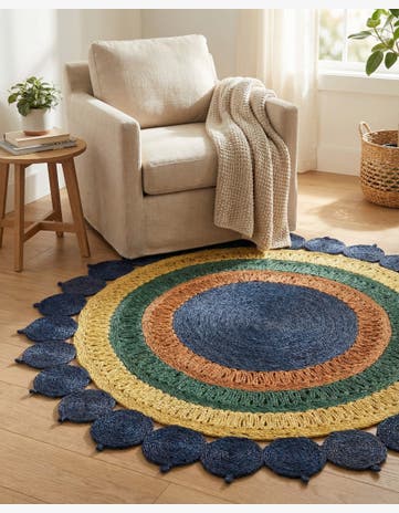 Navy Blue Yellow Green Handmade Braided Jute Round Rug